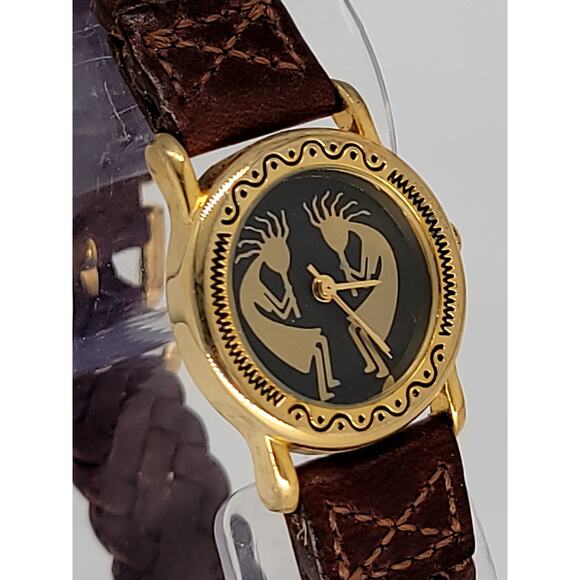 Vintage Tribal Art-Inspired Gold-Tone Watch with Handcrafted Leather Band